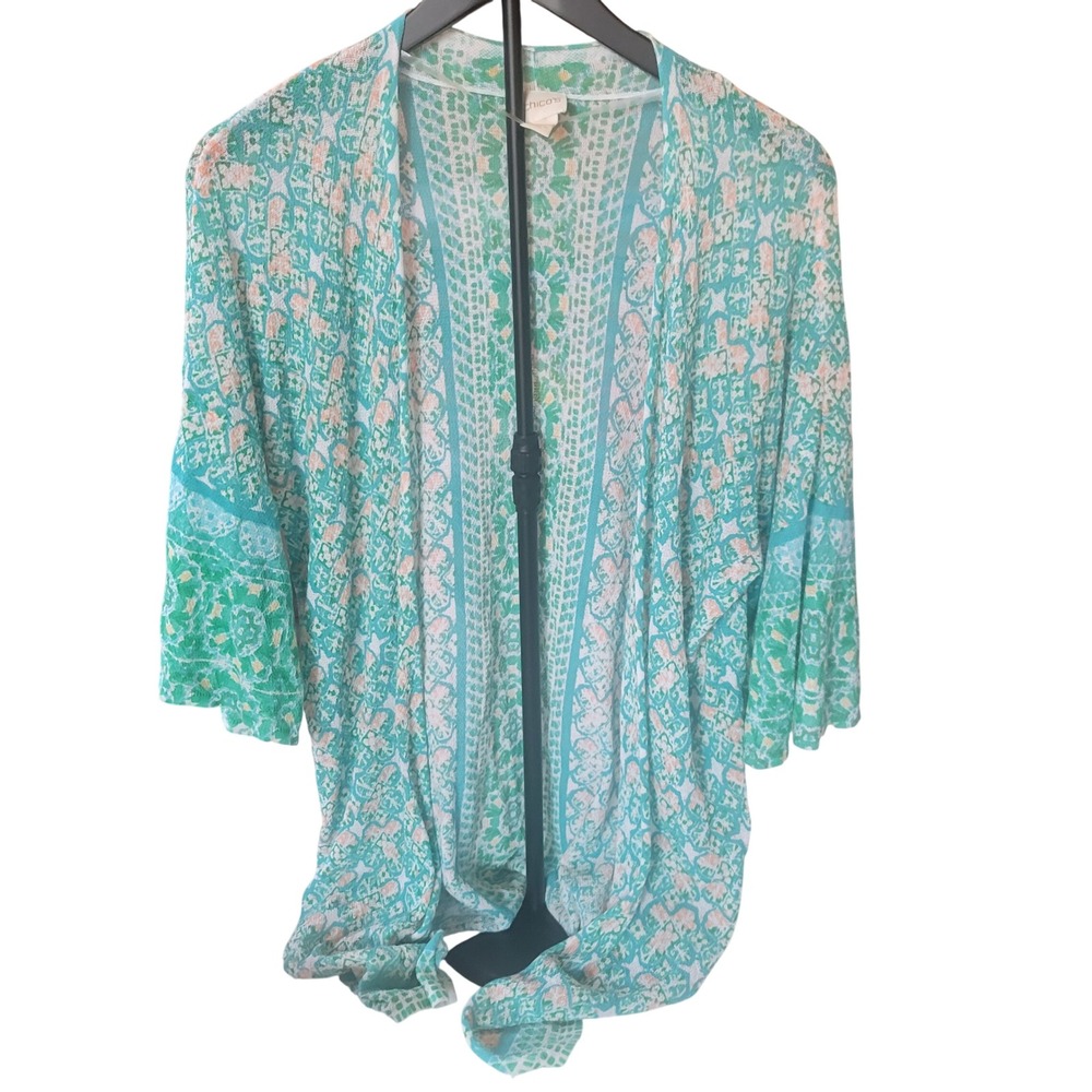 Chicos Size 2 Kimono Cardigan Teal Green Pattern Lightweight Summer Cottagecore‎